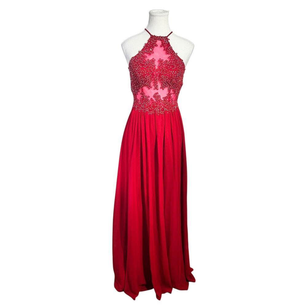 Blondie Nites Bling Formal Maxi Gown Dress Y2K Juniors 3 Red Prom Romantic Glam